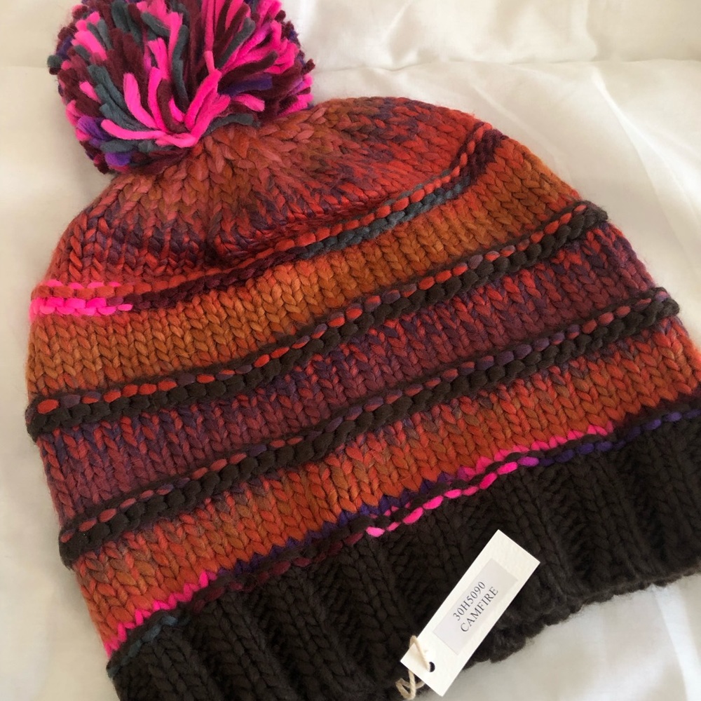 NWT Ruggine Colorful You Make Me Happy Pom Hat in Campfire, sz O/S